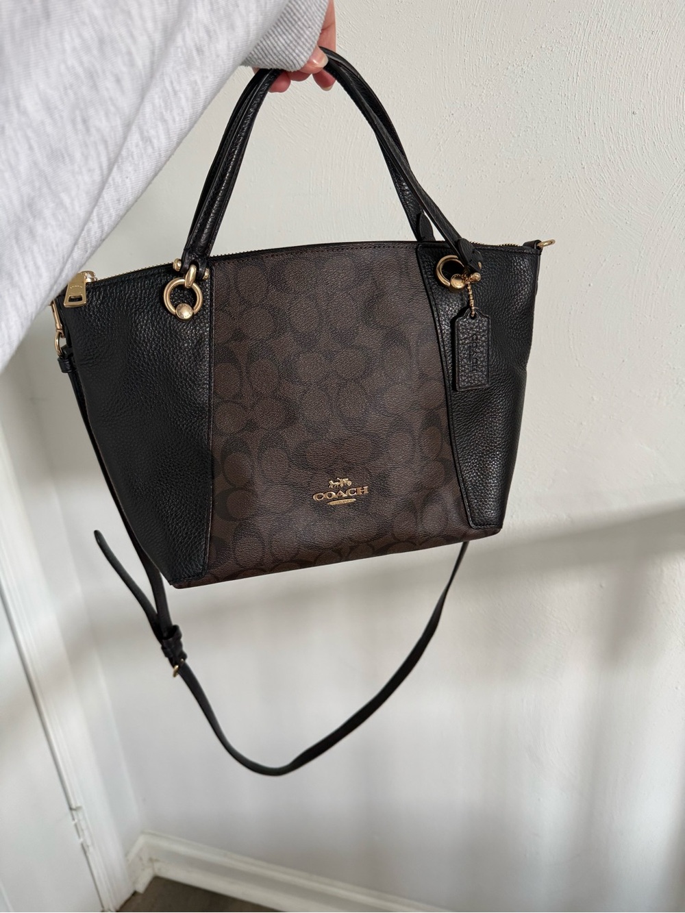 Coach Brown Signature Canvas Tote with Black Leather Trim